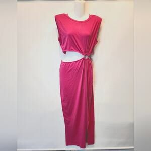 New Hot Pink Cutout Midriff Dress Sexy Bodycon Side Slit Women's Size M